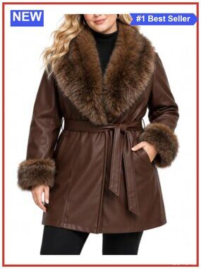 Plus Size Faux Leather Jacket Faux Fur Collar Belted Coat